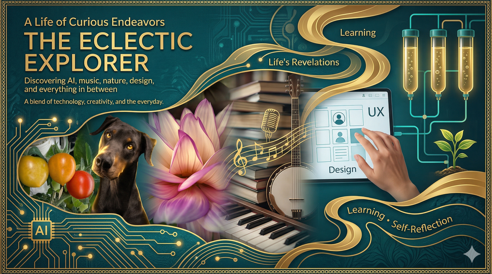 A collage inspired by my many interests: AI, my dogs, gardening, photography, family, etc.