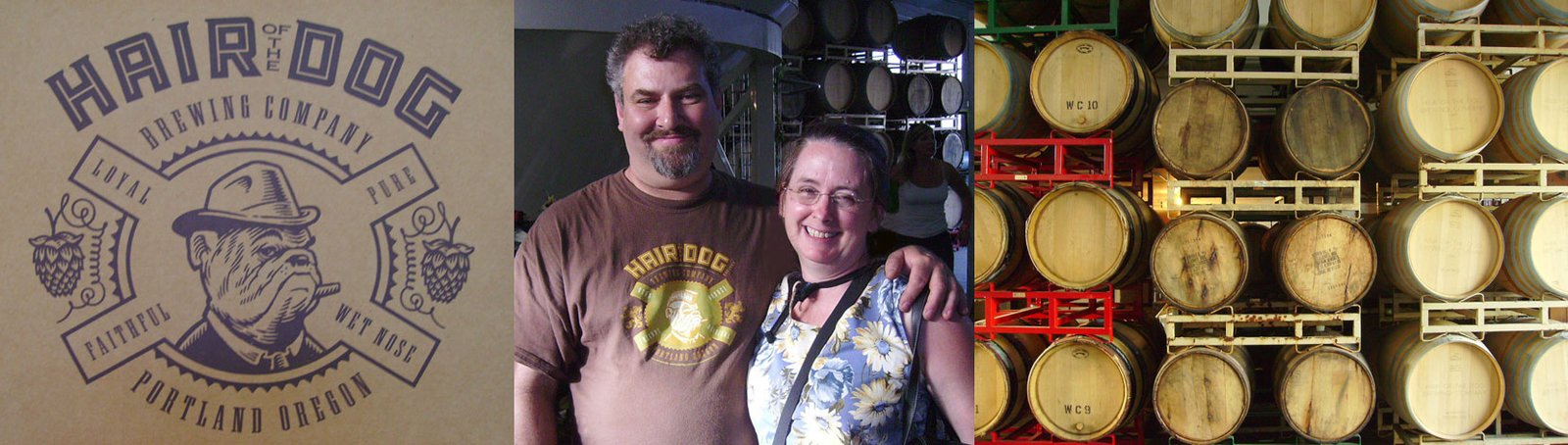 Left to right: Hair of the Dog logo, Alan Sprints with Christine Jump, Racks of wooden Barrels